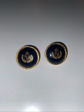 LCI Vintage Navy Blue and Gold Crest Button Earrings